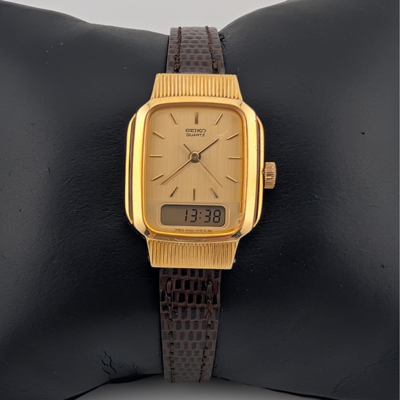 Seiko Accessories - Seiko E029-5159 Ana Digi Gold Tone Rectangular Watch Champagne Dial Vintage